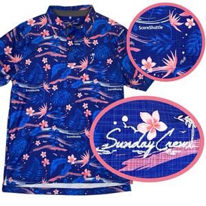 Sunday Crew Golf Polo M Tropical Palm Trees Hawaiian Novelty Loud Vibrant UPF
